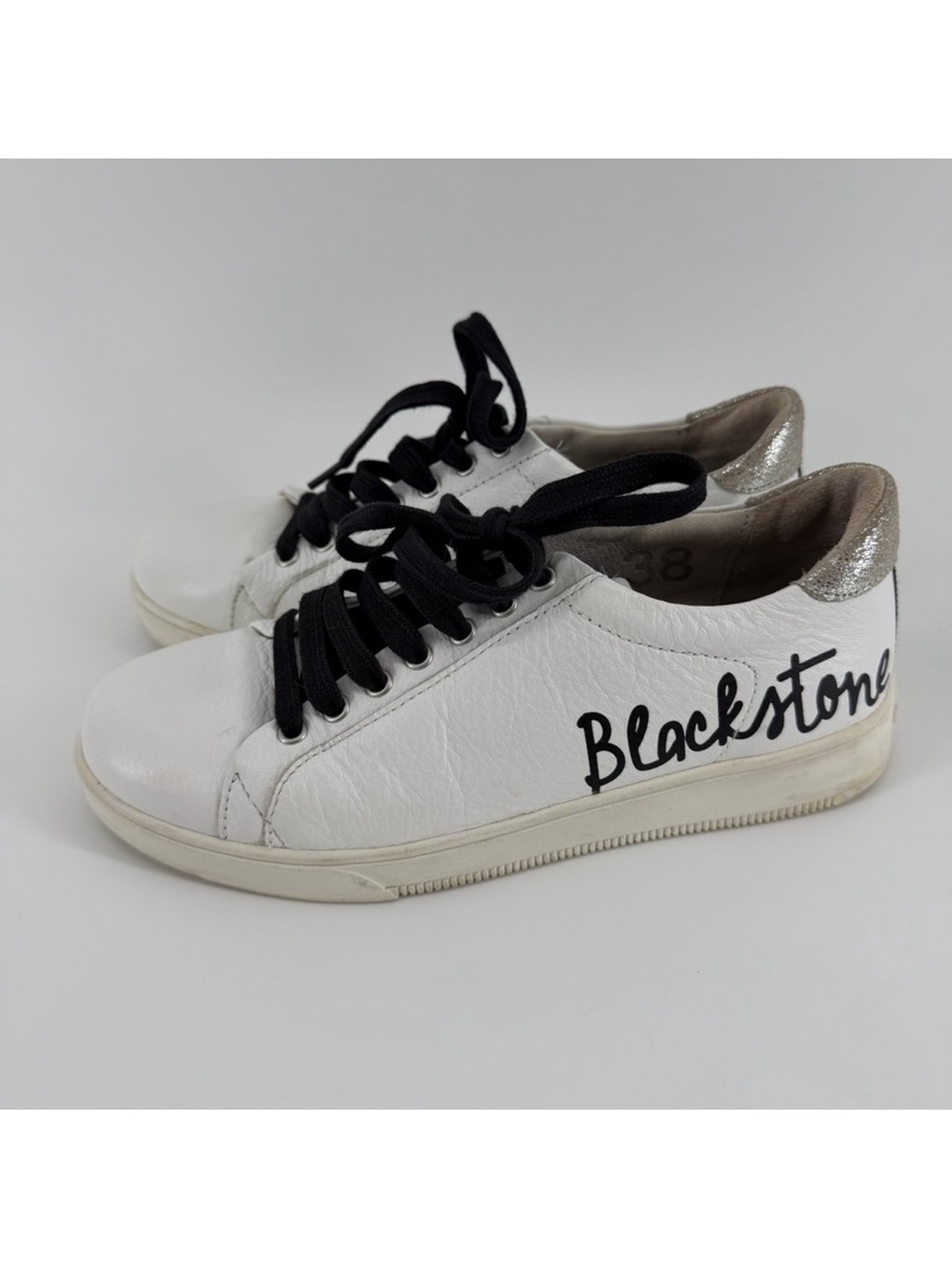 Blackstone White Leather Low Top Sneakers, Black Laces, Women's 7.5 (38)